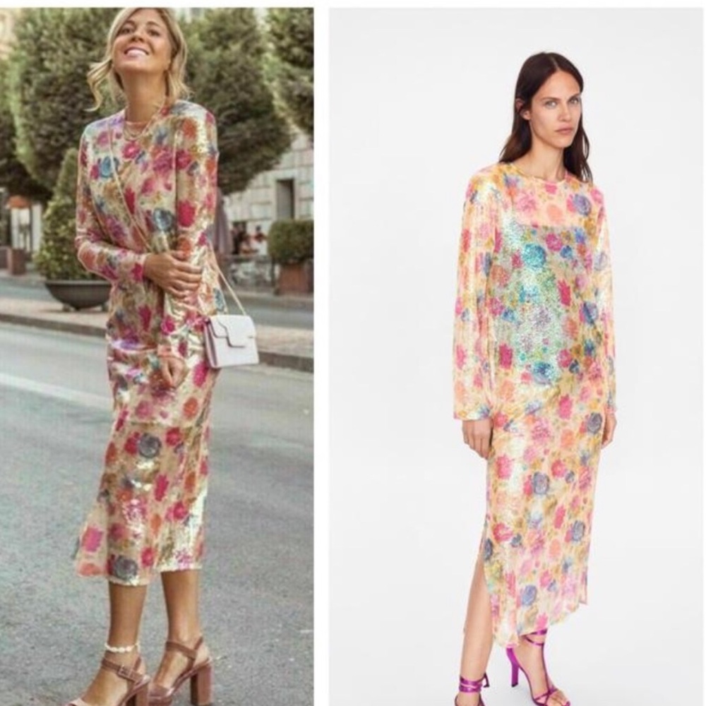 Zara Colorful Floral Print Sequin Sheer Midi Dress
